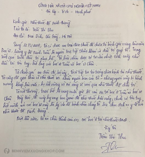 Lá thư của bác Thu gửi về nhà thuốc Đỗ Minh Đường